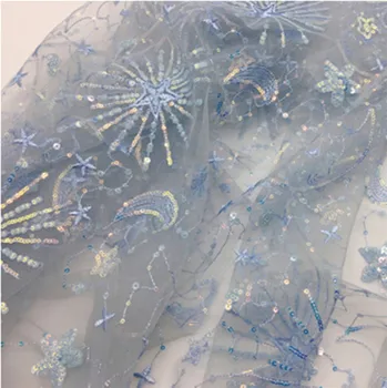 1 Dvorišče Najnovejši Luksuzni Ice Blue Star Sequins Očesa Vezenine, Čipke Tkanine za DIY fant Dekle Oblačilo Poročne obleke Sneg Princesa Obleko