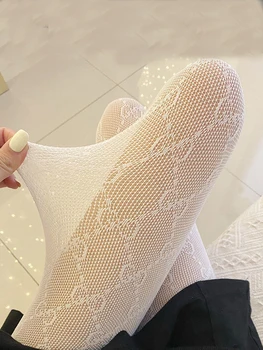 1 par belih seksi modni stegno nogavice mrežnega tiskanja punk stretch pantyhose Black ribja mreža nogavice