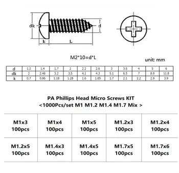 1000pcs Križ Krog Glave Phillips Self-samorezni Vijak M1 M1.2 M1.4 M1.7 Ogljikovega Jekla, Vijak Za Les