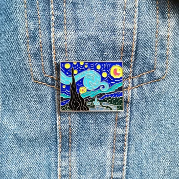 10pcs/Veliko Risanka Zlati Van Gogh Oljna slika, Zvezdnato Sun Moon Emajl Broške Nakit Značko Želijo Pin Za Ženske, Darilo po Meri