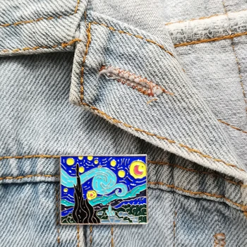 10pcs/Veliko Risanka Zlati Van Gogh Oljna slika, Zvezdnato Sun Moon Emajl Broške Nakit Značko Želijo Pin Za Ženske, Darilo po Meri
