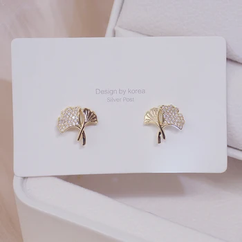 14k Pravi Gold Hot Design, Ginkgo Biloba Ženske Uhan Kubičnih Cirkonij Čar Bling Kristalno Stud Uhani Poročni Nakit Accessorie