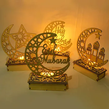 1Pcs Led Pravljice lahke Lesene Luna/Star/Palace Ornament Z Lučmi za Eid Mubarak Ramadana Dekor Islamskih Islamski Praznik Dobave