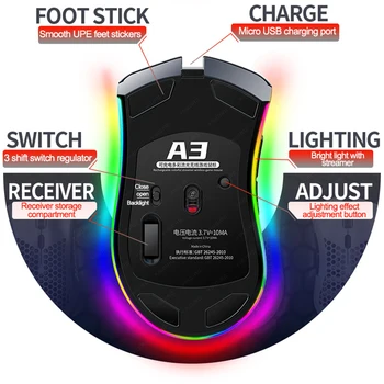 2.4 G, USB, Brezžična Polnilna Miška,A3 Tiho,RGB Barvna Osvetlitev,Votlo Luknjo Gaming Mišk,ki je Primerna Za Gamer,Dom,služba,itd