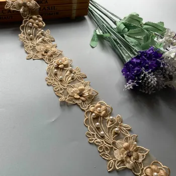 2 metrov Zlato Pearl Cvetnih Listov Ročno Beaded Vezene Čipke Trim Traku Aplicirano Poročno Obleko Šivanje Obrti DIY Vroče
