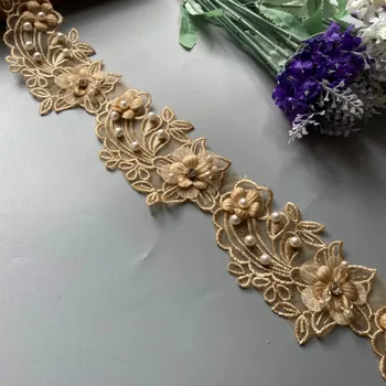2 metrov Zlato Pearl Cvetnih Listov Ročno Beaded Vezene Čipke Trim Traku Aplicirano Poročno Obleko Šivanje Obrti DIY Vroče