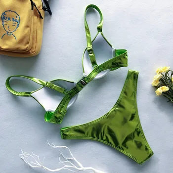 2019 Nove Modne Ženske Svetlečega PU Usnje Platišča Push-Up Bikini Komplet Plažo Kopalne Obleke Poletje Kopalke