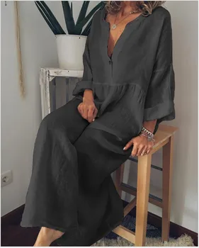 2020 Jeseni Novo Ohlapno Velikosti Prosti čas Maxi Obleka Ženska Dolgimi Rokavi, Globok V-izrez Barva Haljo Obleke