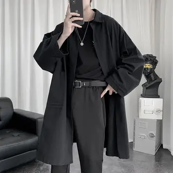 2020 Moške Svoboden Prevelik Windbreaker Mid-dolžina Trendy Lep Suknjič Siva/črna Jarek Dolgo Slog Coats Moda Vrhnja oblačila