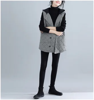2020 Nove Jesensko Zimske Svoboden Kariran Waistcoat za Ženske Hooded brez Rokavov Gumb Slim Fit Priložnostne Telovnik Outwear Plus Velikost