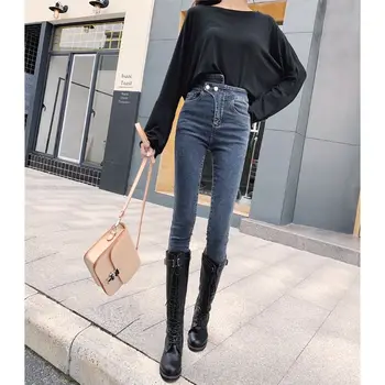 2020 Nove Jesensko Ženske Jeans Visoko Pasu Hlače Ženske Visoko Elastična Suh Stretchy Denim Slim Svinčnik Moda Hlače E415