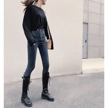 2020 Nove Jesensko Ženske Jeans Visoko Pasu Hlače Ženske Visoko Elastična Suh Stretchy Denim Slim Svinčnik Moda Hlače E415