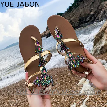 2020 NOVE Ženske poletje bohemia zelenega zlata diamond Ravno sandali lady priložnostne plaži Nosorogovo sije boho proviriti toe čevlji Natikači
