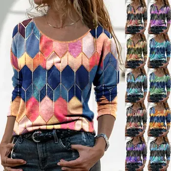 2021 3XL Multicolor Geometrijske Natisnjeni Ženske T-shirt Letnik Priložnostne Ženske Tshirts Dolg Rokav O Vratu Plus Velikost T Shirt Mujer