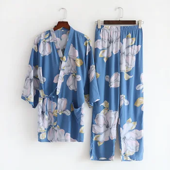 2021 Japonski kimono pižamo obleko, dvodelno, ženske pomlad in poletje nov velik cvet viskoza svoboden home service set cvetlični
