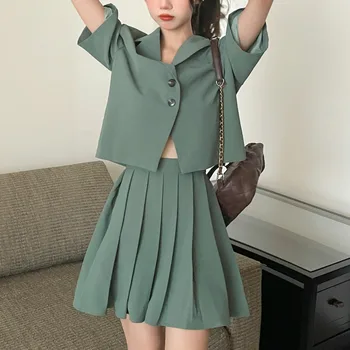 2021 Korejski Casual Chic Trdna Dva Kosa Določa Ženska Obleke, Kratke Majhne Suknjič + Naguban Mini Krila Poletni Kompleti Femme