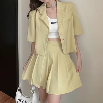 2021 Korejski Casual Chic Trdna Dva Kosa Določa Ženska Obleke, Kratke Majhne Suknjič + Naguban Mini Krila Poletni Kompleti Femme