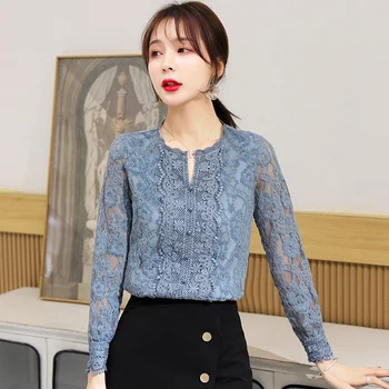2021 Korejski Modra Čipke Dnu Rokavi Ženske Novo Jeseni Cvetlični Puloverju Bluzo Ženske Urad Dolg Rokav Plus Velikost Dame Vrhovi 10357