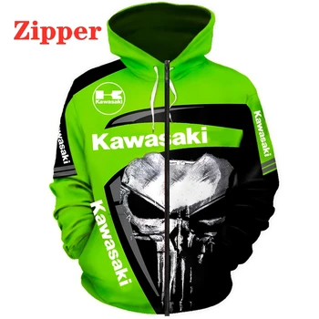 2021 Moda motorno kolo Kawasaki Racing & Punisher Hoodies 3D Digital Print Zip Hoodie Moški Šport, Motociklistična Dirke Oblačila