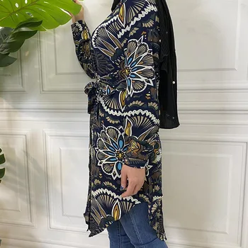 2021 Moda Muslimanska oblačila z dolgimi rokavi, tiskanje majice bluzo za ženske Pakistan Bluzo split Robom Vrhovi