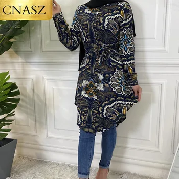 2021 Moda Muslimanska oblačila z dolgimi rokavi, tiskanje majice bluzo za ženske Pakistan Bluzo split Robom Vrhovi