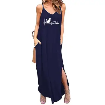 2021 Moda Šapa srčni Utrip Cat Natisnjeni Žensk Poletje Priložnostne Ohlapne Obleke Plaži Bluzo Dolgo Zanko Dolga Obleka Z Žepi