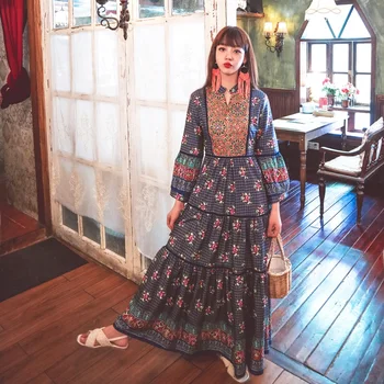 2021 Najnovejši Jeseni Mode Večplastna Naguban Swing Vezenino Dolgo Obleko Muslimanskih Arabskem Oman Dolg Rokav Svoboden Maxi Obleke