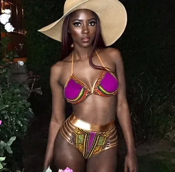2021 Nove Afriške Tiskanje Dveh Kosov Kopalne Obleke Bikini Komplet Seksi Geometrijske Kopalke, Kopalke Zlato Visoko Pasu, Plavanje Obleko