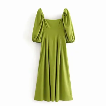 2021 Nove Poletne Ženske obleke Kvadratni izrez Puff Rokavi eleganten Casual Chic Vintage Lady Ženska Maxi Sundress