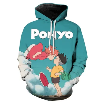 2021 Novo 3D Cartoon Ponyo Dolg Rokav Hoodie Anime Ponyo na Cliff Hooded Majica Otroci Hoodie