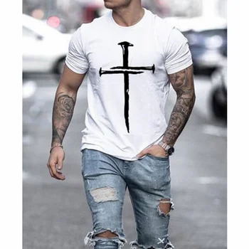 2021 novo poletje je Jezus križ print majica s kratkimi rokavi moški priložnostne kratka sleeved Vse Tekme T-shirt prevelik O-vratu hip-hop T-shirt
