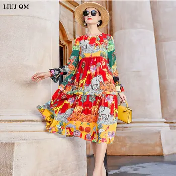 2021 Novo Pomlad Poletje Oblačenja Žensk O vratu Natisnjeni Cvetlični Obleko Modne Dolgo Sleeved Svoboden Svilene Obleke, Dame Plus velikost Sundress