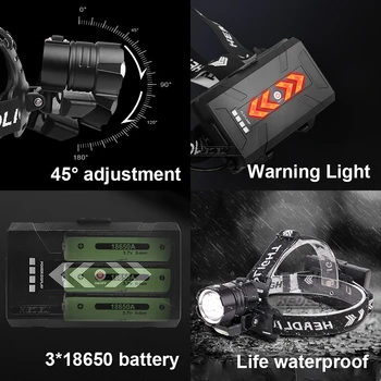 2021 Novo XHP199 Zmogljiva Akumulatorska LED Žaromet 18650 Smerniki USB Glavo Svetilka Nepremočljiva Zoom Vodja Svetlobe Svetilka z COB