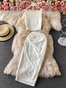 2021 poletje elegantno temperament seksi brez rokavov telovnik vrh 2 kos ženska oblačila določa bela visoko pasu midi dolžino krila