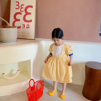 2021 Poletje korejski Nova otroška Oblačila Deklice Bombaž Cvetlični Kratek Rokav Princesa Obleko Otroci 