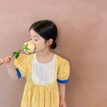 2021 Poletje korejski Nova otroška Oblačila Deklice Bombaž Cvetlični Kratek Rokav Princesa Obleko Otroci 
