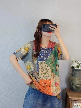 2021 poletje literarni nov slog svoboden priložnostne bombaž in lan tanko pleten kratek sleeved majica s kratkimi rokavi ženske, natisnjena okoli vratu vrh