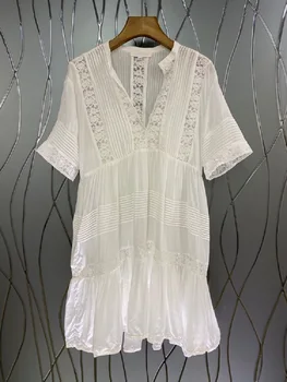 2021 Poletje Moda Belo Obleko Visoko Kakovostne Ženske Proti-Vrat Votlih Iz Čipke Mozaik Kratek Rokav Priložnostne Boho Obleko Oblačila