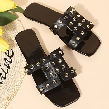 2021 Poletje Nov Modni Seksi Votlih Moda Zlato Kovice Copati Ženske Ravnim dnom Velikosti Zunanji sandale zapatillas mujer