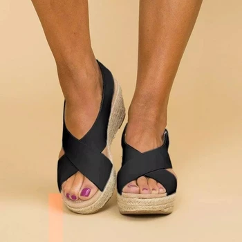 2021 Poletje Nove Modne Ženske PU Usnje Open Toe Velcro Klin Cross Sandali Pobočju Pete Udobno Ženske Sandale AQ020