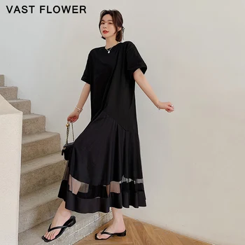 2021 Poletje Obleko Korejski Novo Črno Očesa Mozaik Naguban Kratek Rokav Svoboden Priložnostne Elegantne Ženske Dolga Obleka Modna Oblačila