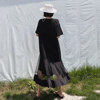 2021 Poletje Obleko Korejski Novo Črno Očesa Mozaik Naguban Kratek Rokav Svoboden Priložnostne Elegantne Ženske Dolga Obleka Modna Oblačila