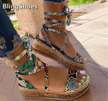 2021 Poletje Ženske klin Sandale Kača čevlji Modni Etnične Tiskanja Športna obutev ženska Čipke Gor Čevlji Plaži Sandali Plus Velikost čevlji