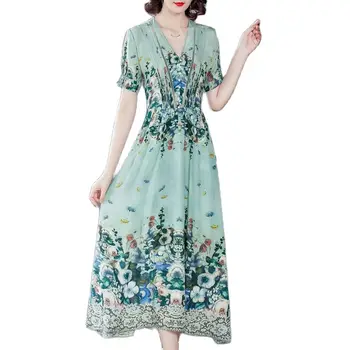 2021 pomlad in poletje nov modni retro Proti-vrat slim natisnjena kratka sleeved obleka ženske velikosti M-3XL visoke kakovosti vestidos