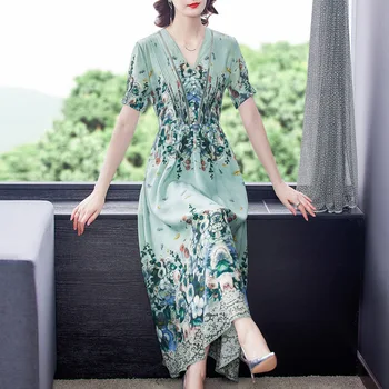 2021 pomlad in poletje nov modni retro Proti-vrat slim natisnjena kratka sleeved obleka ženske velikosti M-3XL visoke kakovosti vestidos