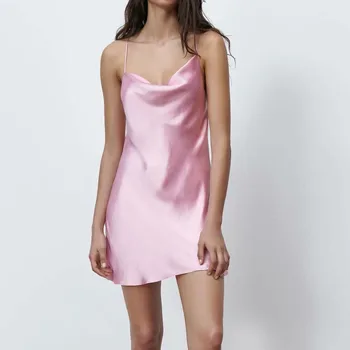 2021 Pomlad/Poletje Nove Ženske Pink Slim Znanja Petticoat Nightdress Mid-dolžina Krilo Povodcem Povodcem Saten Svila Teksturirane Obleko