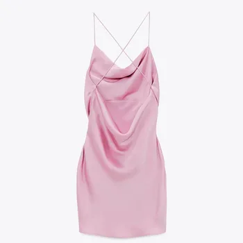 2021 Pomlad/Poletje Nove Ženske Pink Slim Znanja Petticoat Nightdress Mid-dolžina Krilo Povodcem Povodcem Saten Svila Teksturirane Obleko