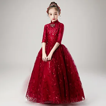 2021 Rdeče Otroci Obleke Za Stranko Poročno Obleko Sequins Pageant Vintage Obleke za Dekleta Princesa Obleke za Malčka Otroci Oblačila