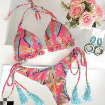 2021 Seksi Bikini Ženske Nastavite Cvetlični Obrat Tiskanja Vroče Kopalke 2 Kosa V Pasu Brazilski Kopalke Trikotnik Bikini Komplet
