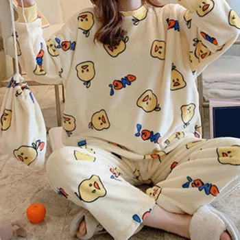 2021 Zimske Ženske Risanka Pižame z Dolgimi Rokavi Flanela 2pcs Pižame Nastavite Debele Koralni Žamet Sleepwear Doma Obleko Za Ženske Pijama